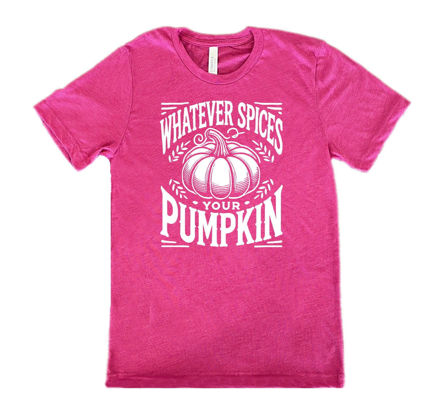 Berry colored shirt with pumpkin graphic on it that says "Whatever Spices Your Pumpkin" 