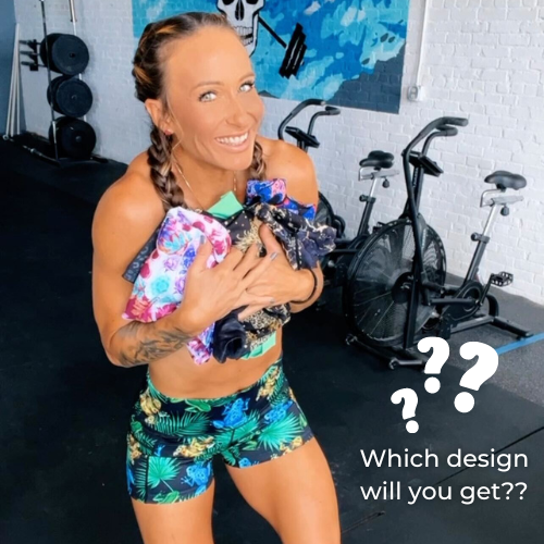 model holding shorts, with the text: "Which design will you get?" over the photo
