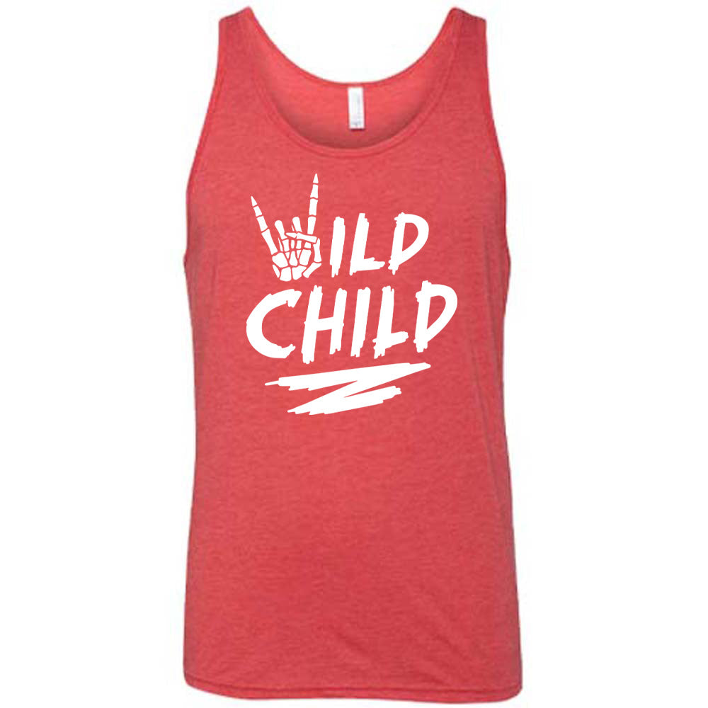 Red colored tank with a skeleton hand signing rock on graphic on it that says "Wild Child"