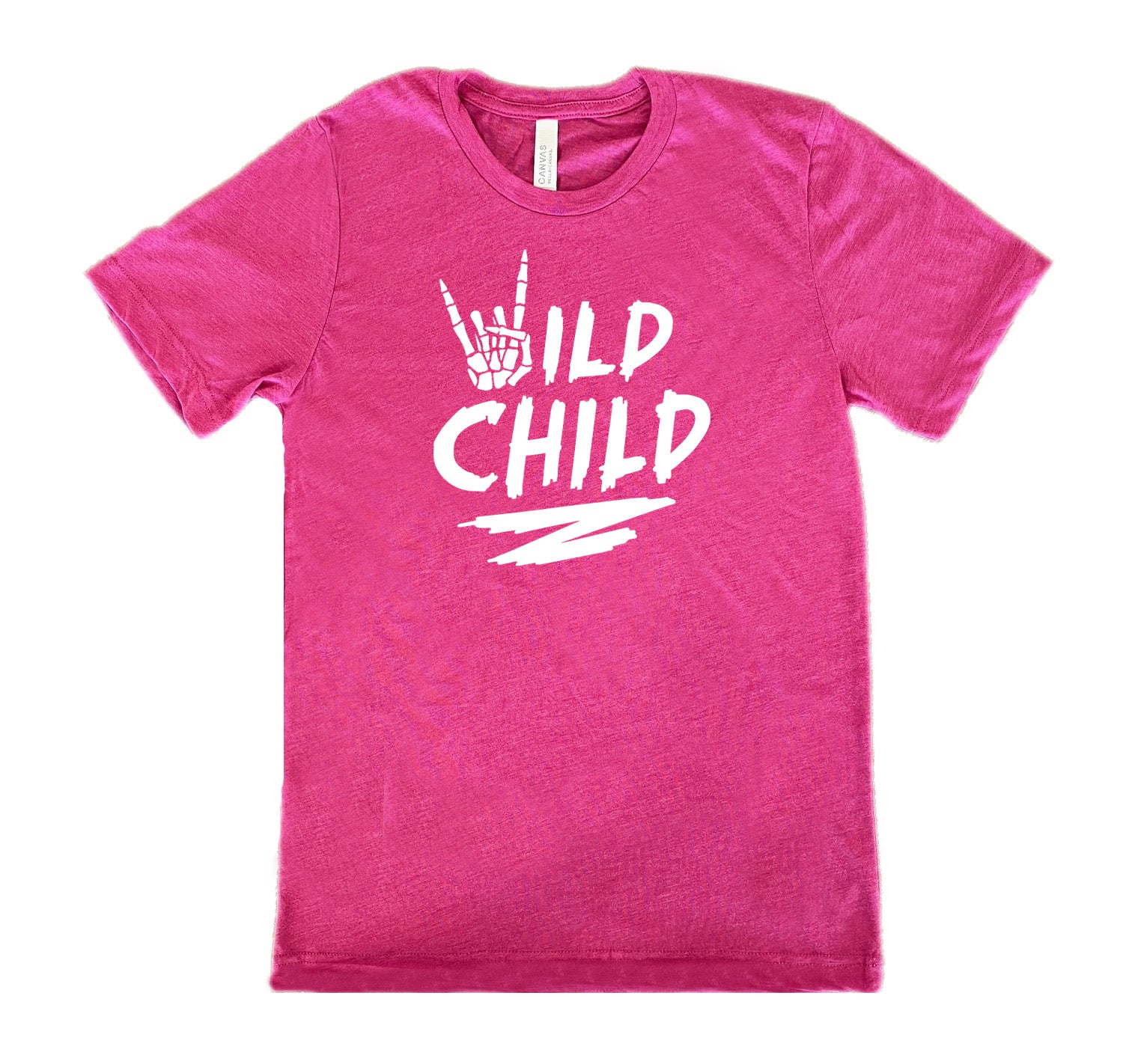 Berry colored shirt with a skeleton hand signing rock on graphic on it that says "Wild Child" 