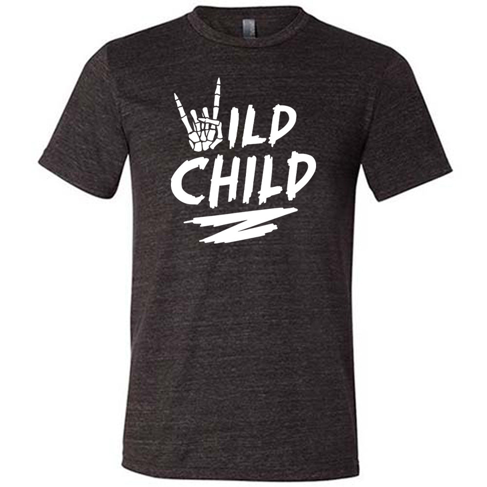 Black colored shirt with a skeleton hand signing rock on graphic on it that says "Wild Child" 