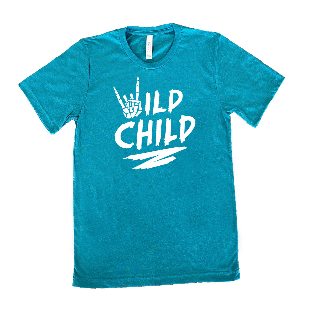 Teal colored shirt with a skeleton hand signing rock on graphic on it that says "Wild Child" 