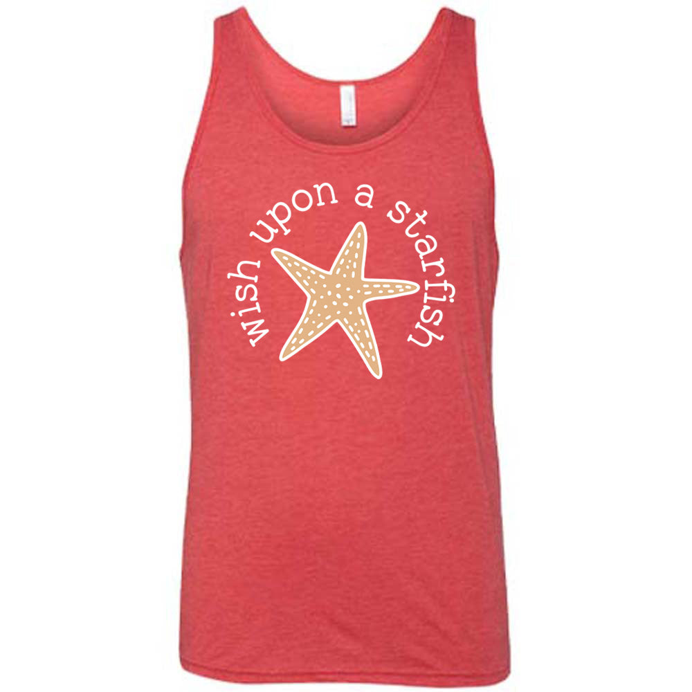 red unisex tank with the graphic of a starfish, and the words arched around it saying "wish upon a starfish"