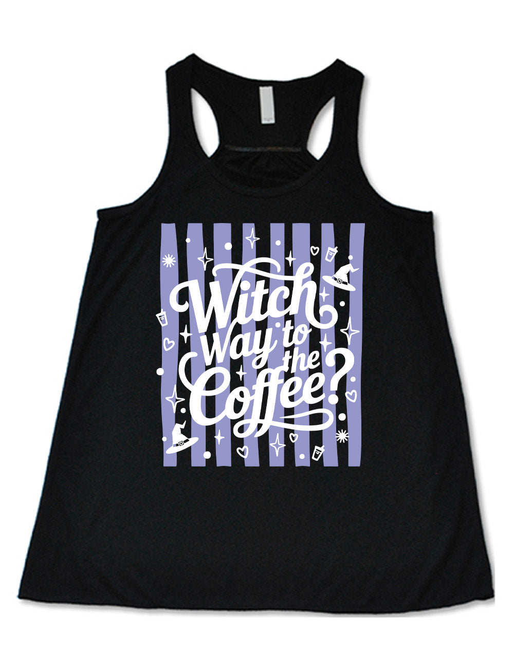 black flowy racerback tank with the words "witch way to the coffee?" on it, over a striped background, surrounded by little graphics including stars, hearts, witch hats, coffee cups, dots, and suns