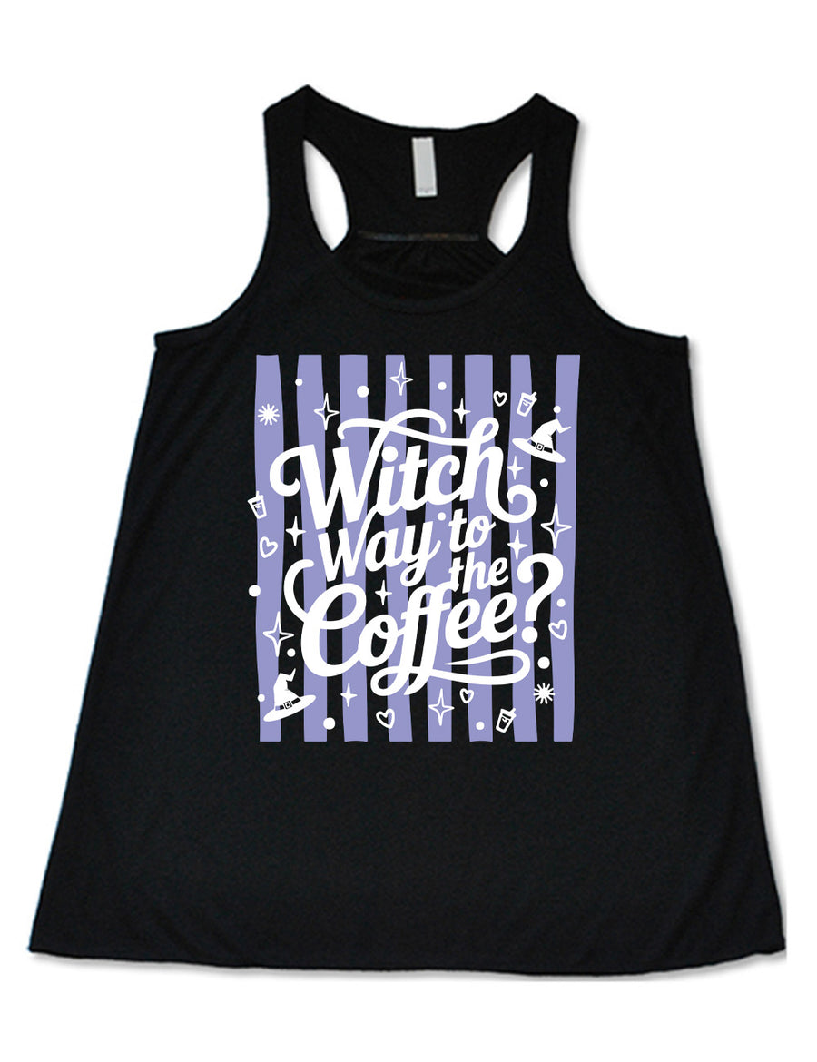 black flowy racerback tank with the words "witch way to the coffee?" on it, over a striped background, surrounded by little graphics including stars, hearts, witch hats, coffee cups, dots, and suns