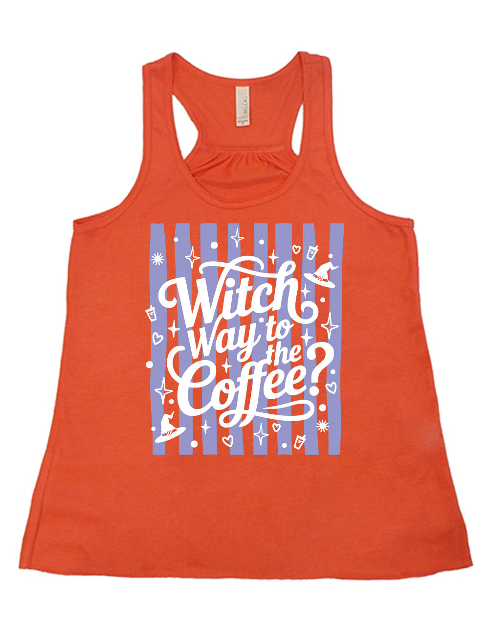 coral flowy racerback tank with the words "witch way to the coffee?" on it, over a striped background, surrounded by little graphics including stars, hearts, witch hats, coffee cups, dots, and suns