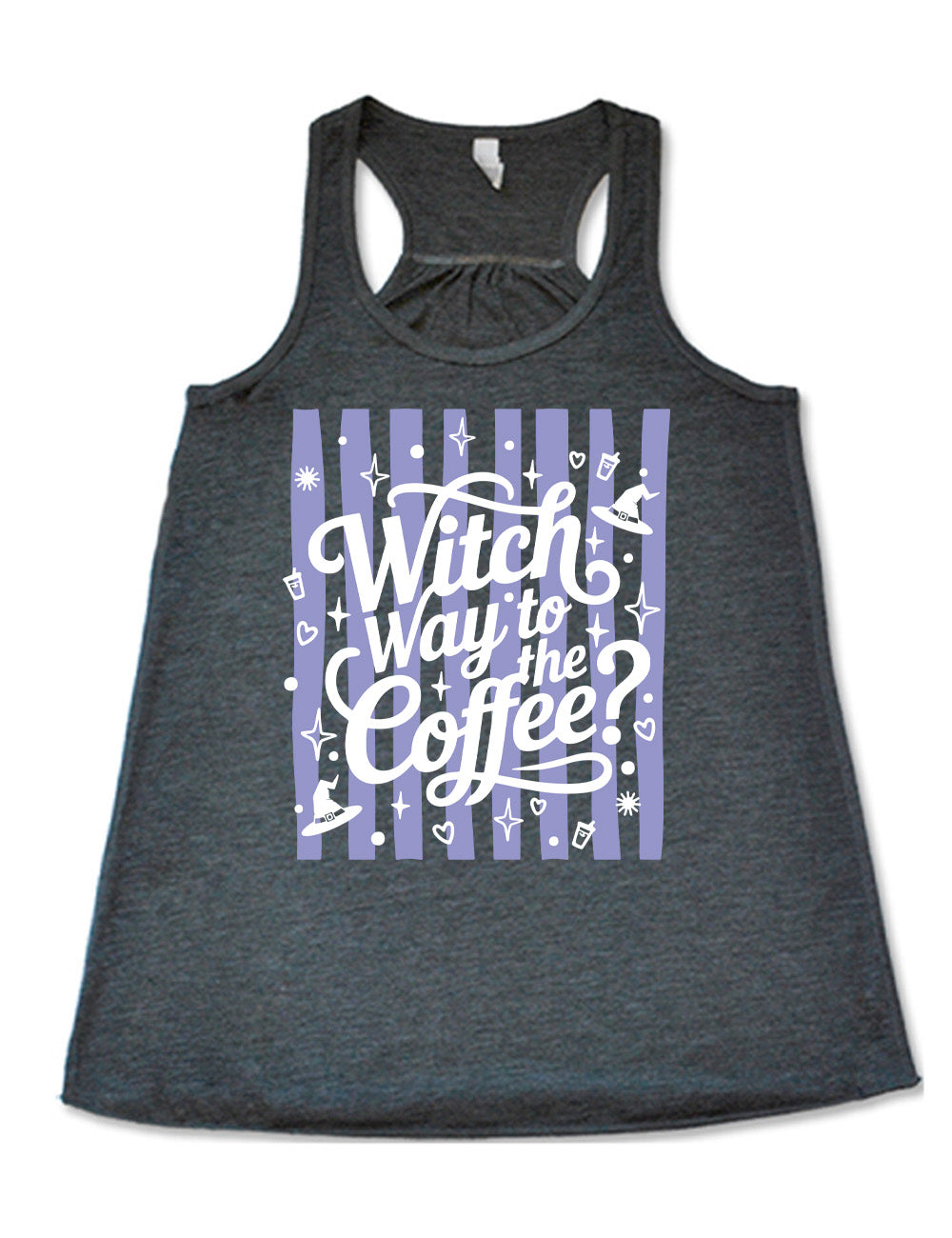 grey flowy racerback tank with the words "witch way to the coffee?" on it, over a striped background, surrounded by little graphics including stars, hearts, witch hats, coffee cups, dots, and suns