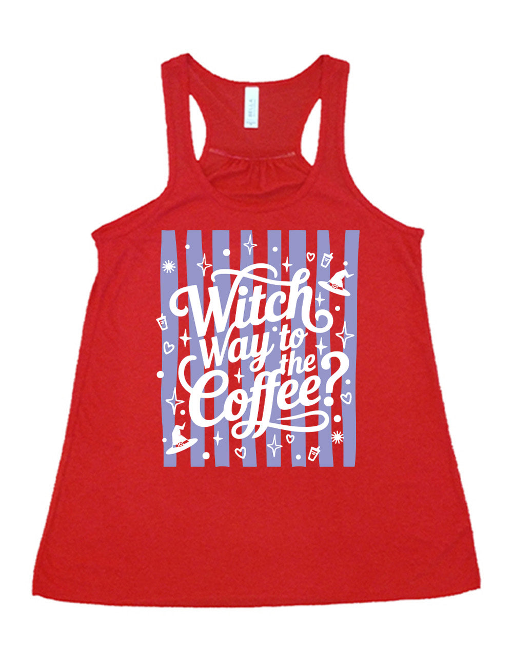 red flowy racerback tank with the words "witch way to the coffee?" on it, over a striped background, surrounded by little graphics including stars, hearts, witch hats, coffee cups, dots, and suns