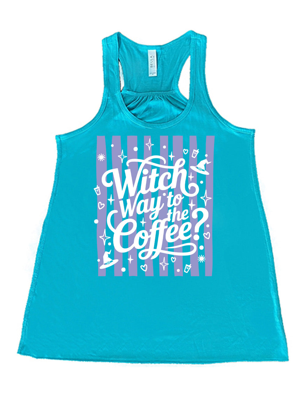 teal flowy racerback tank with the words "witch way to the coffee?" on it, over a striped background, surrounded by little graphics including stars, hearts, witch hats, coffee cups, dots, and suns