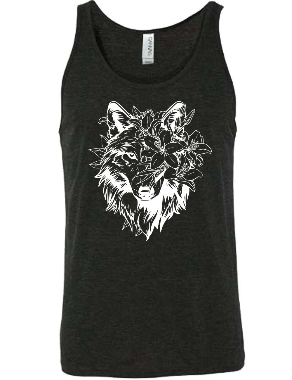 black unisex tank with the large graphic of a wolf's head, with lilies covering half of the face, and growing behind its head too