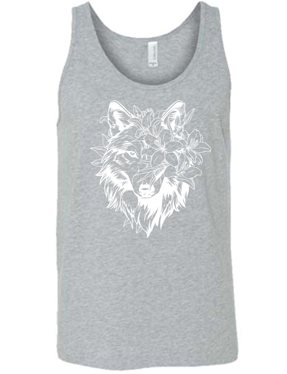 grey unisex tank with the large graphic of a wolf's head, with lilies covering half of the face, and growing behind its head too