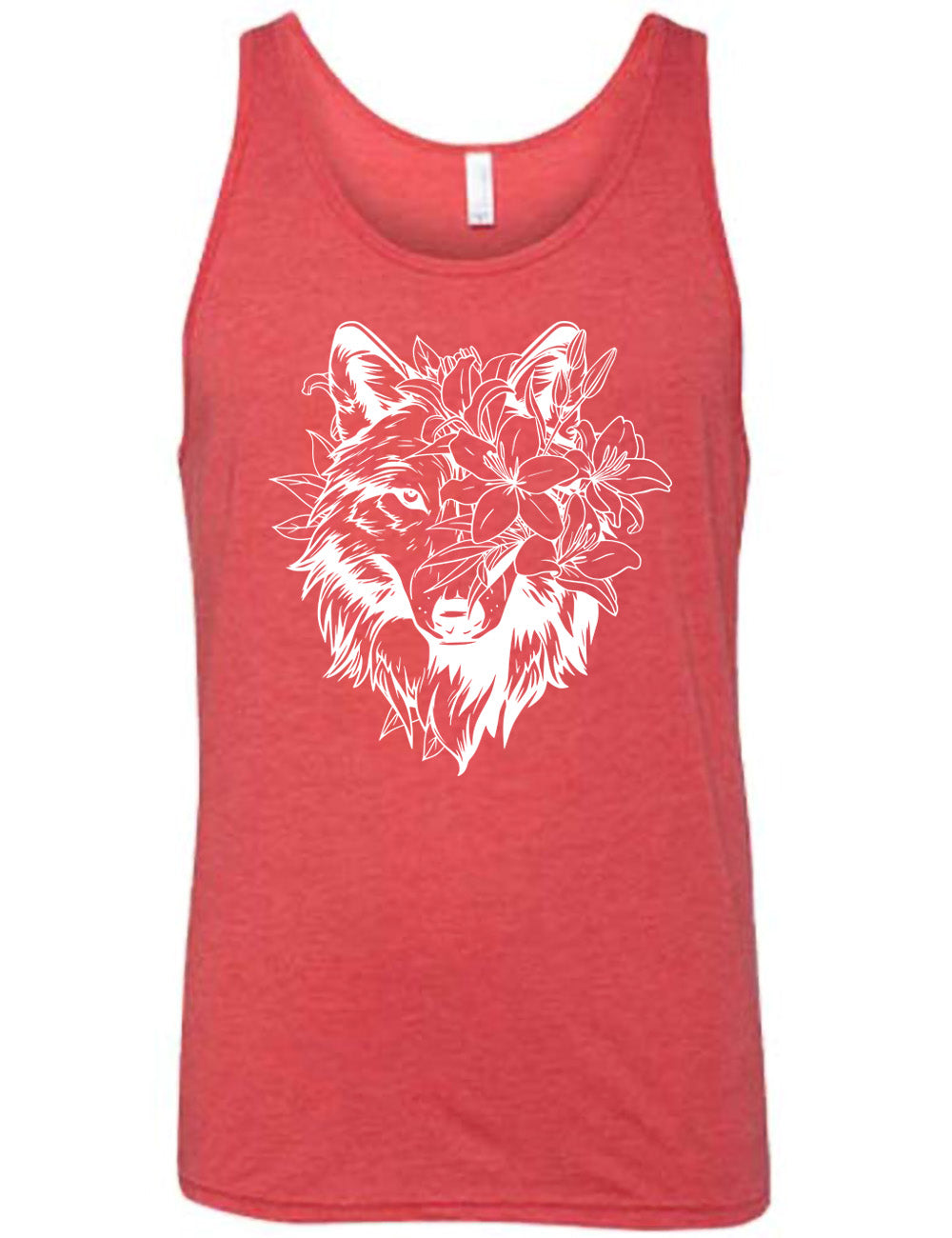 red unisex tank with the large graphic of a wolf's head, with lilies covering half of the face, and growing behind its head too