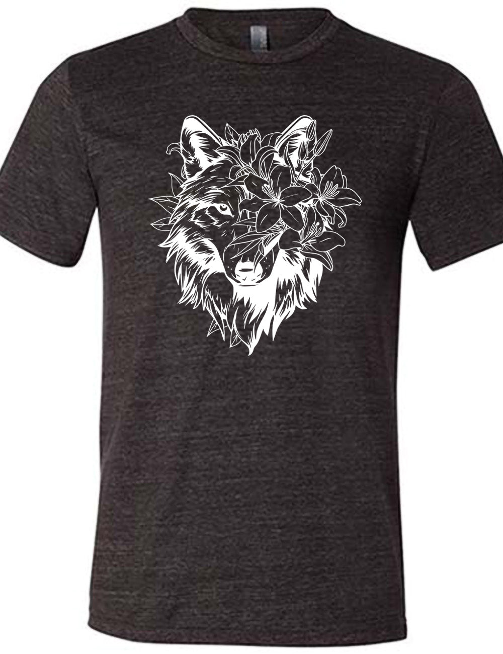 black unisex tee with the large graphic of a wolf's head, with lilies covering half of the face, and growing behind its head too