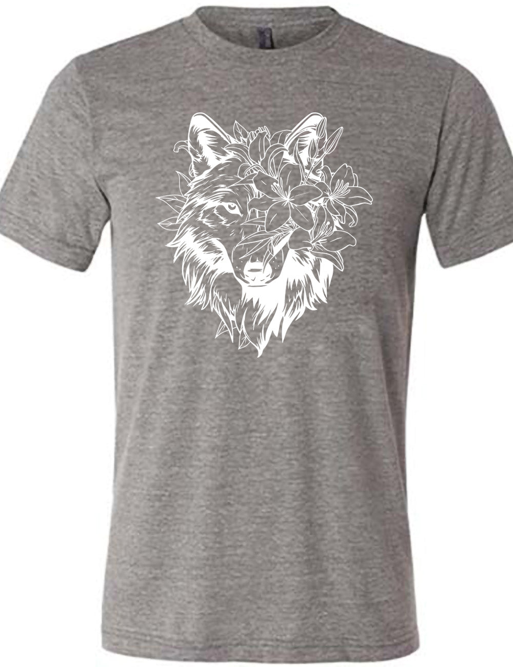 grey unisex tee with the large graphic of a wolf's head, with lilies covering half of the face, and growing behind its head too