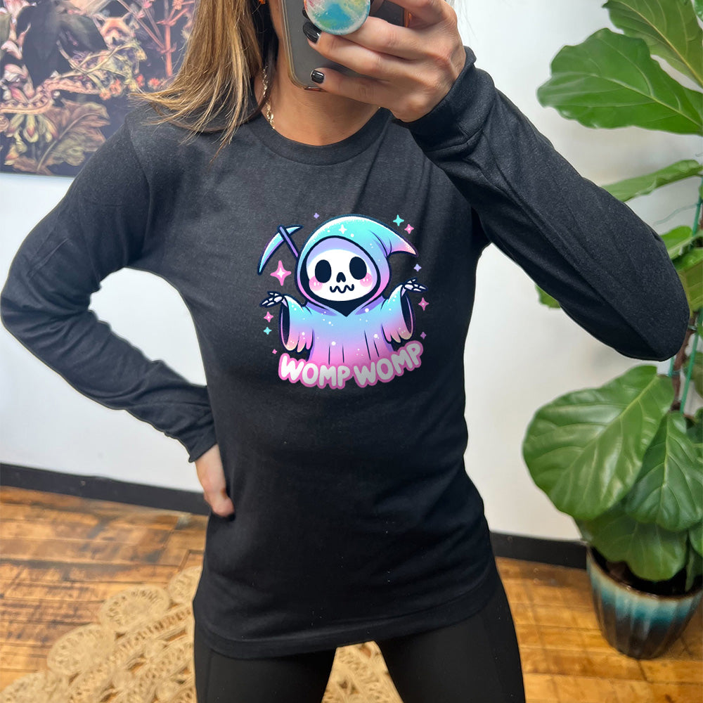 black long sleeve shirt with the text "Womp Womp" on it