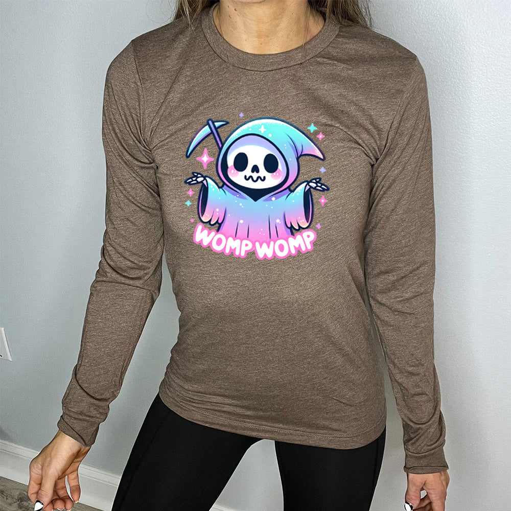 brown long sleeve shirt with the text "Womp Womp" on it