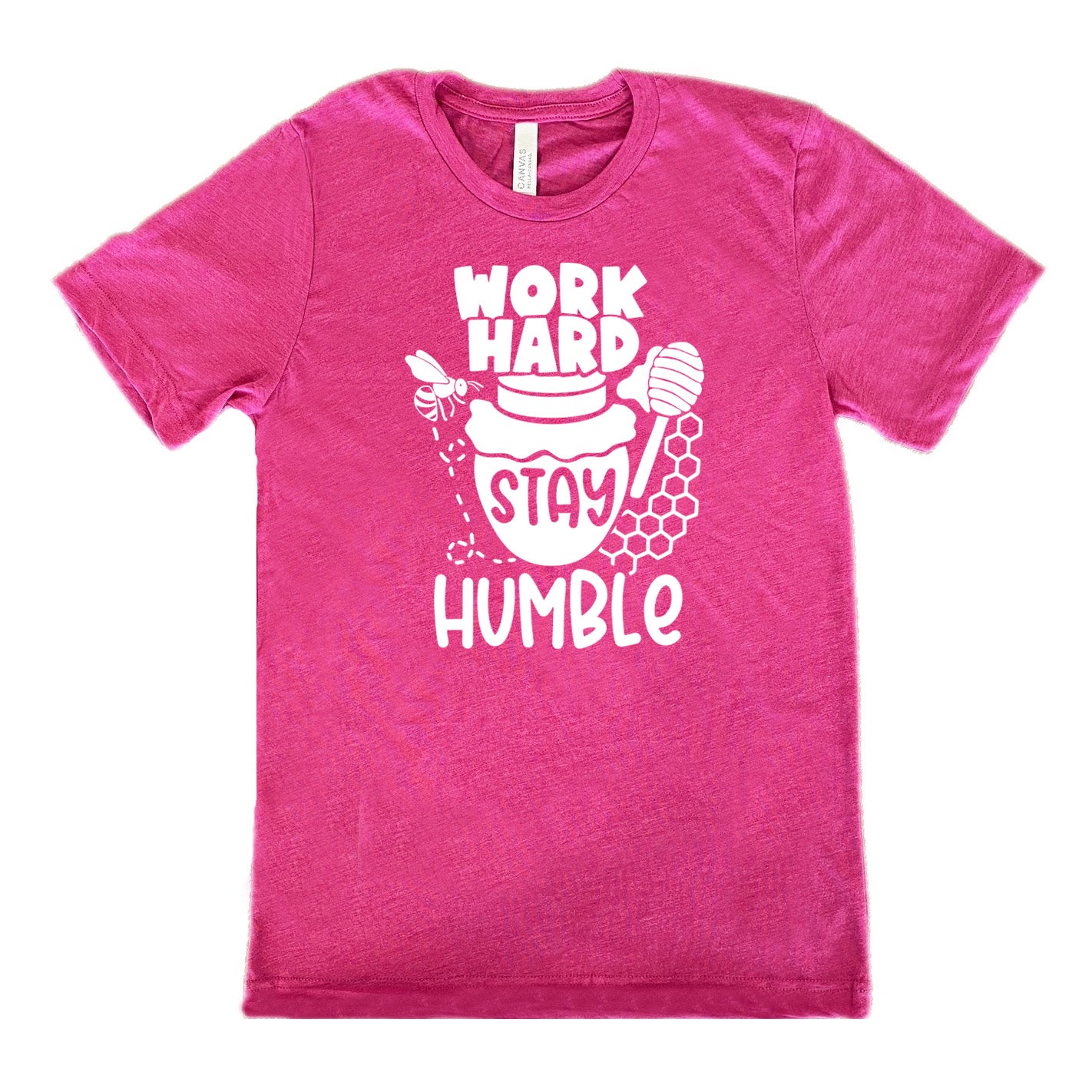 berry unisex tee with the words "work hard stay humble" on it, with the word "stay" on the graphic of a honeypot, and a bee flying around the pot's left, and some honeycomb and a honey spoon on its right