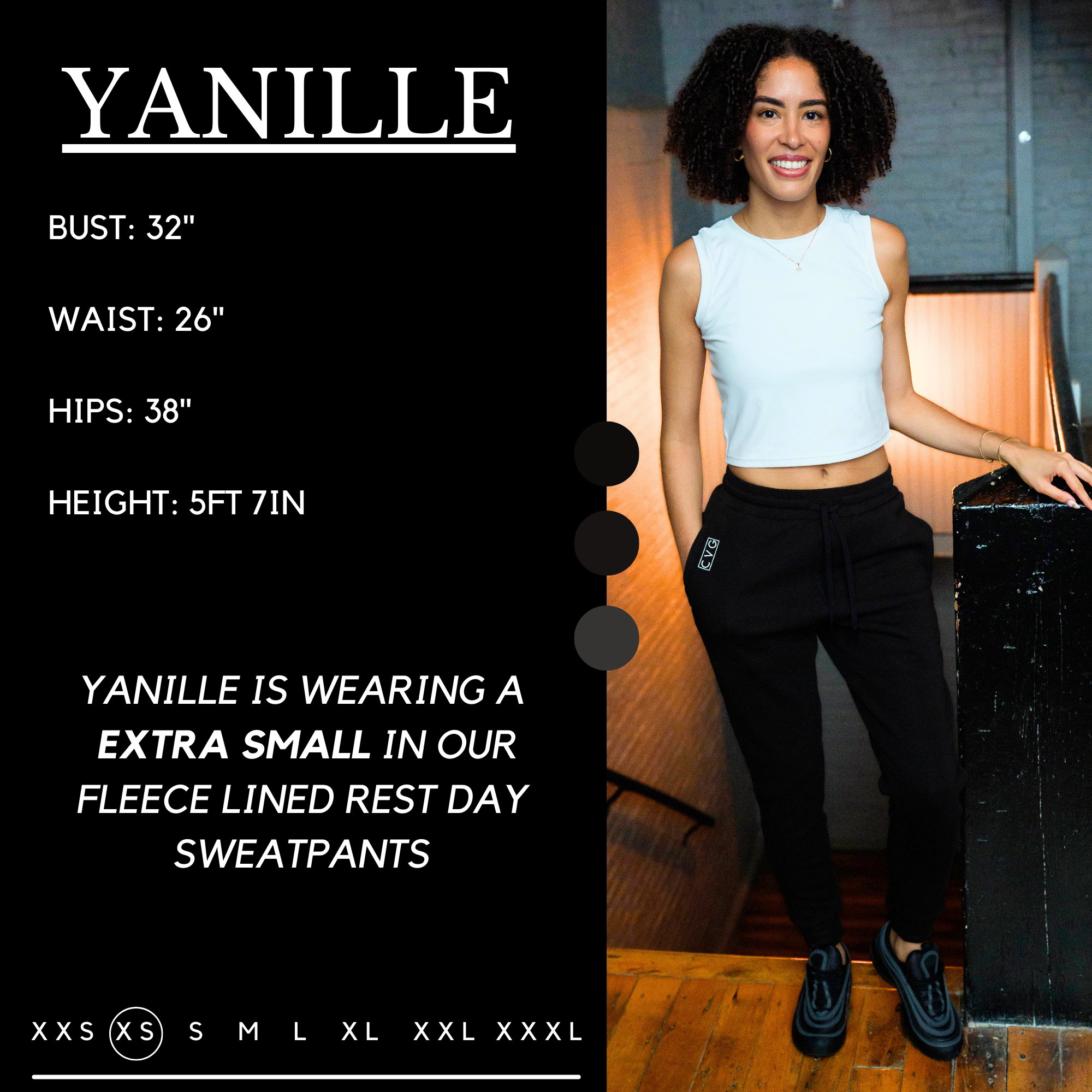 Model’s measurements of 32” bust, 26” waist, 38” hips and height of 5 ft 7 inches. She is wearing a size extra small in our fleece sweatpants