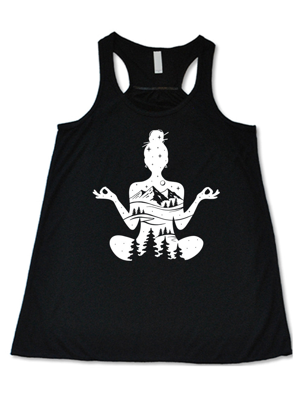 black flowy racerback tank with the graphic of a woman's silhouette, doing a yoga pose, with her body made up of a forest, field, mountain and starry landscape