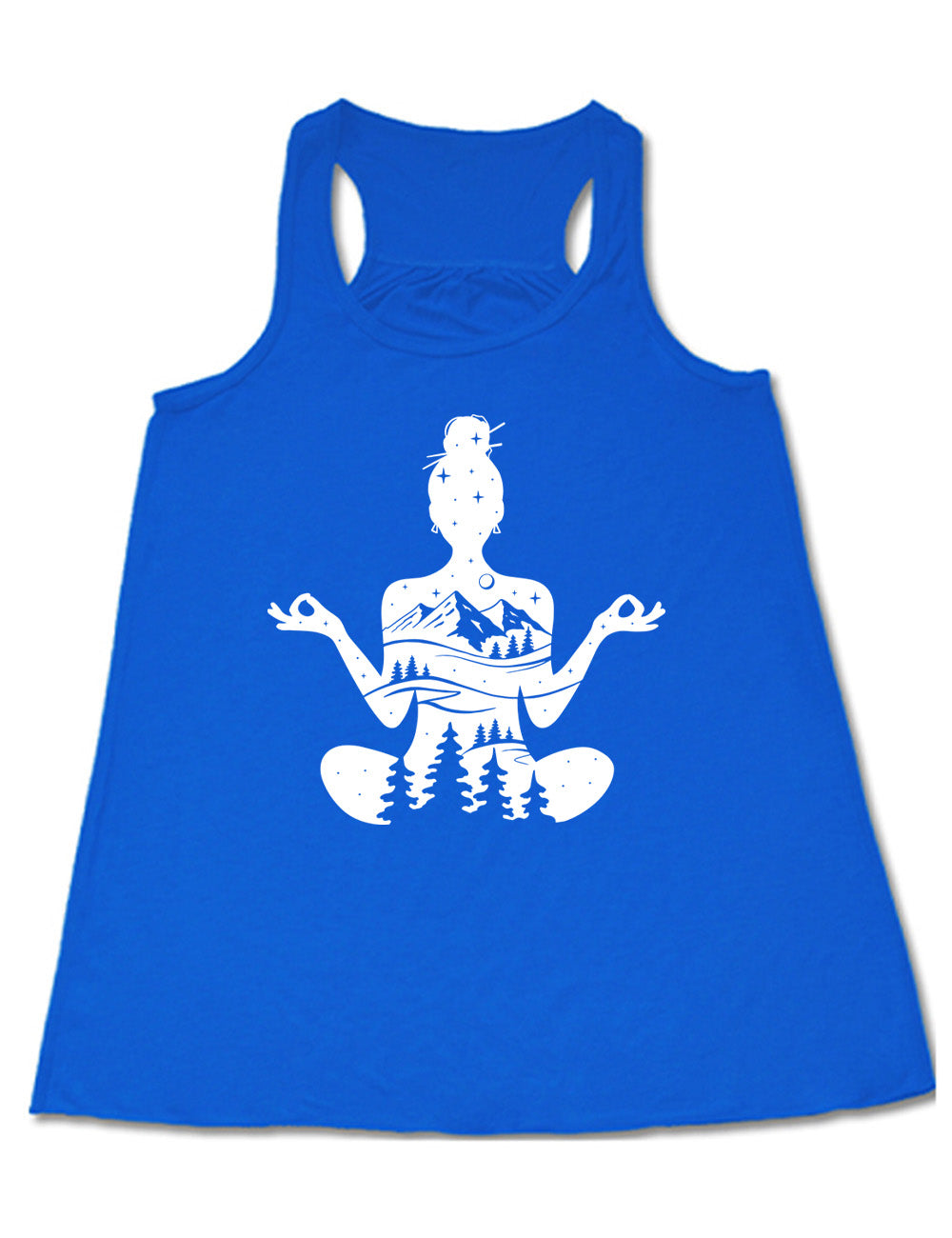 blue flowy racerback tank with the graphic of a woman's silhouette, doing a yoga pose, with her body made up of a forest, field, mountain and starry landscape