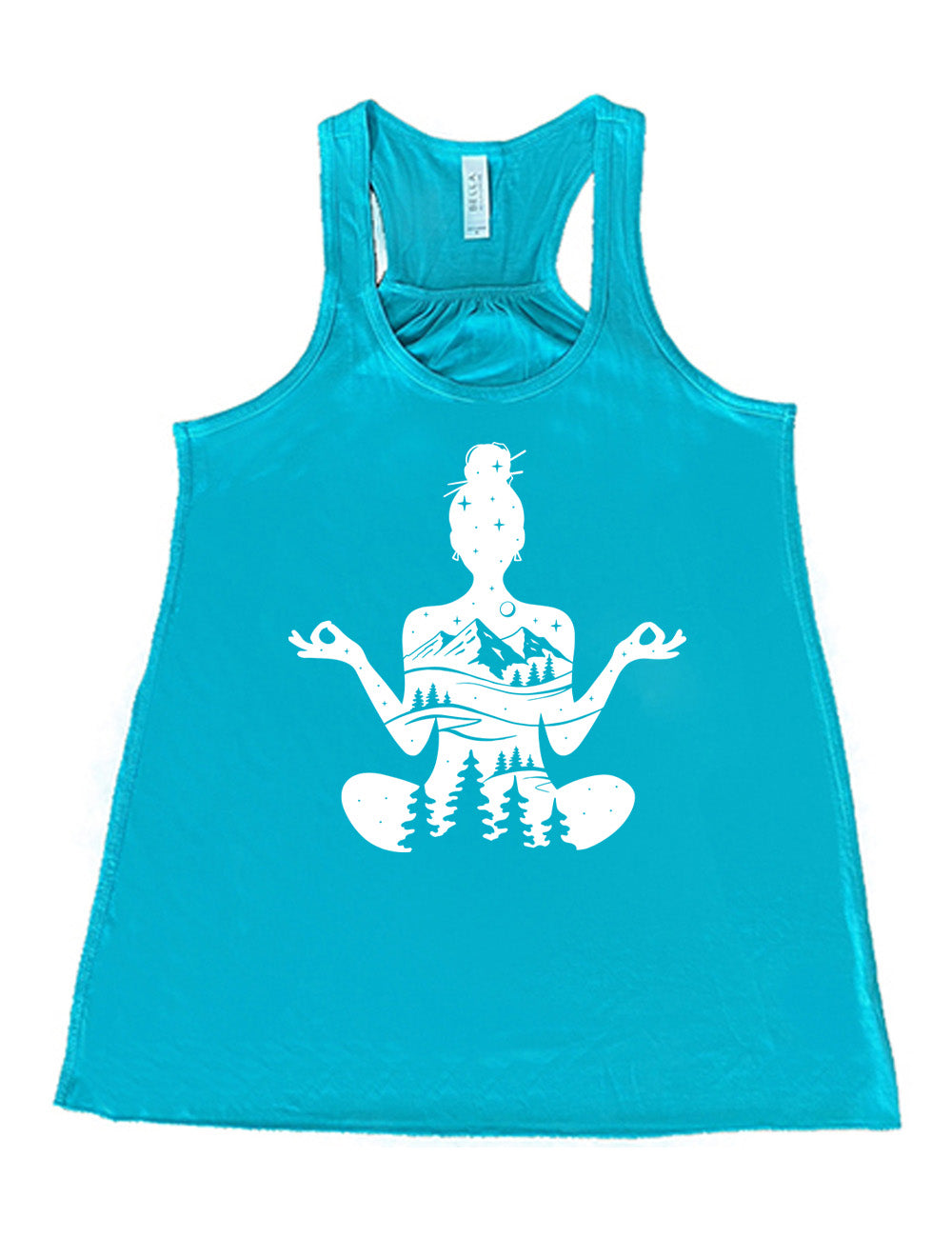 teal flowy racerback tank with the graphic of a woman's silhouette, doing a yoga pose, with her body made up of a forest, field, mountain and starry landscape