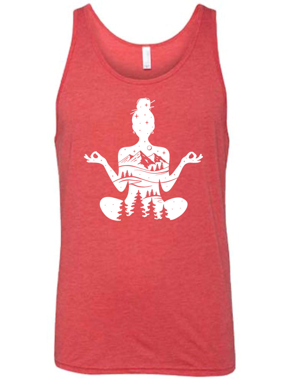 red unisex tank with the graphic of a woman's silhouette, doing a yoga pose, with her body made up of a forest, field, mountain and starry landscape