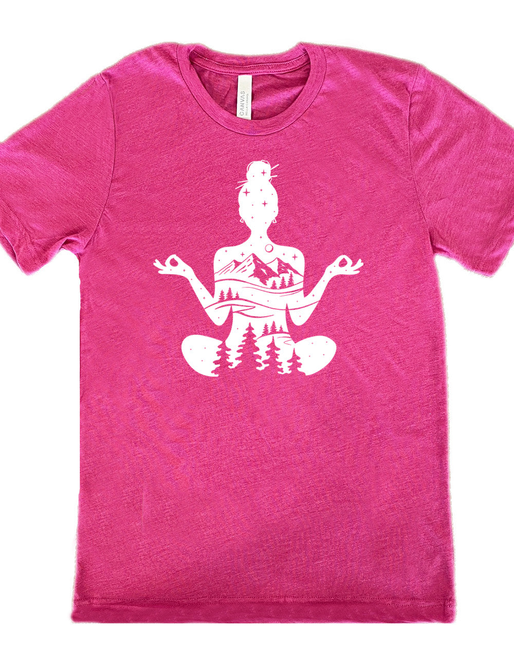 berry unisex tee with the graphic of a woman's silhouette, doing a yoga pose, with her body made up of a forest, field, mountain and starry landscape