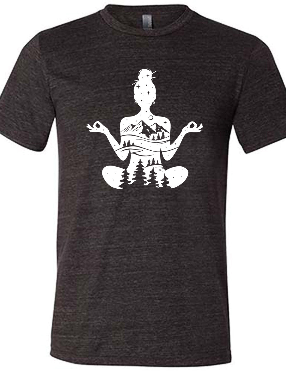 black unisex tee with the graphic of a woman's silhouette, doing a yoga pose, with her body made up of a forest, field, mountain and starry landscape