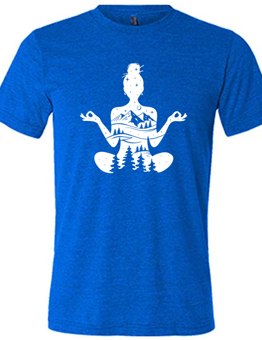 blue unisex tee with the graphic of a woman's silhouette, doing a yoga pose, with her body made up of a forest, field, mountain and starry landscape