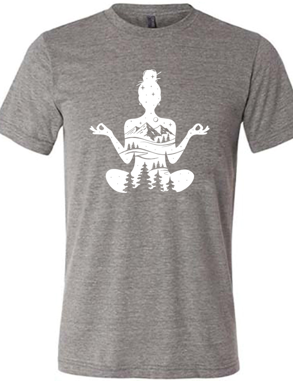 grey unisex tee with the graphic of a woman's silhouette, doing a yoga pose, with her body made up of a forest, field, mountain and starry landscape