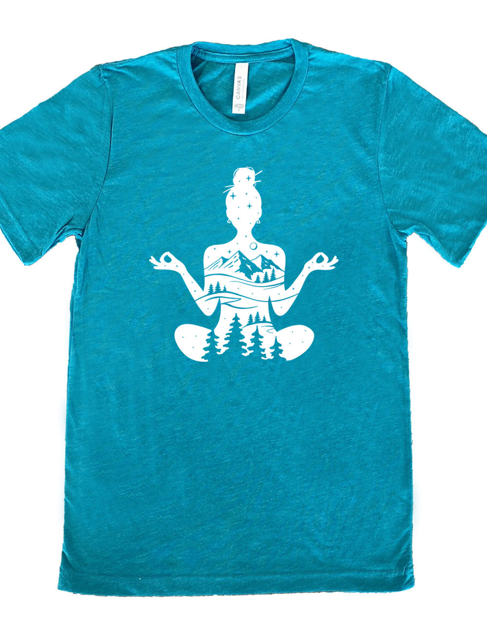 teal unisex tee with the graphic of a woman's silhouette, doing a yoga pose, with her body made up of a forest, field, mountain and starry landscape