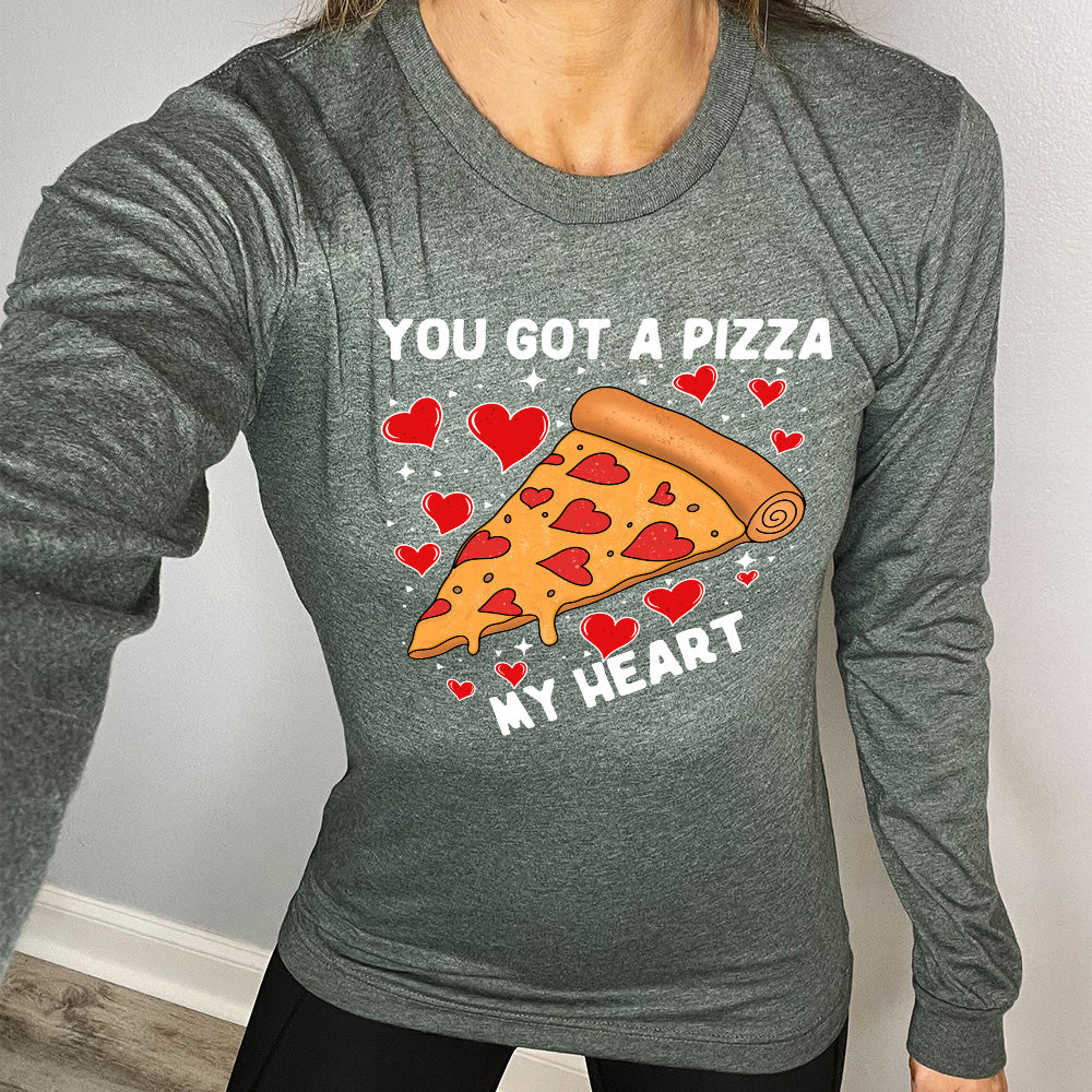 heather forest long sleeve shirt with the words "you got a pizza my heart" on it, with a big graphic of a pizza with pepperoni hearts, and hearts surrounding it as well with little stars