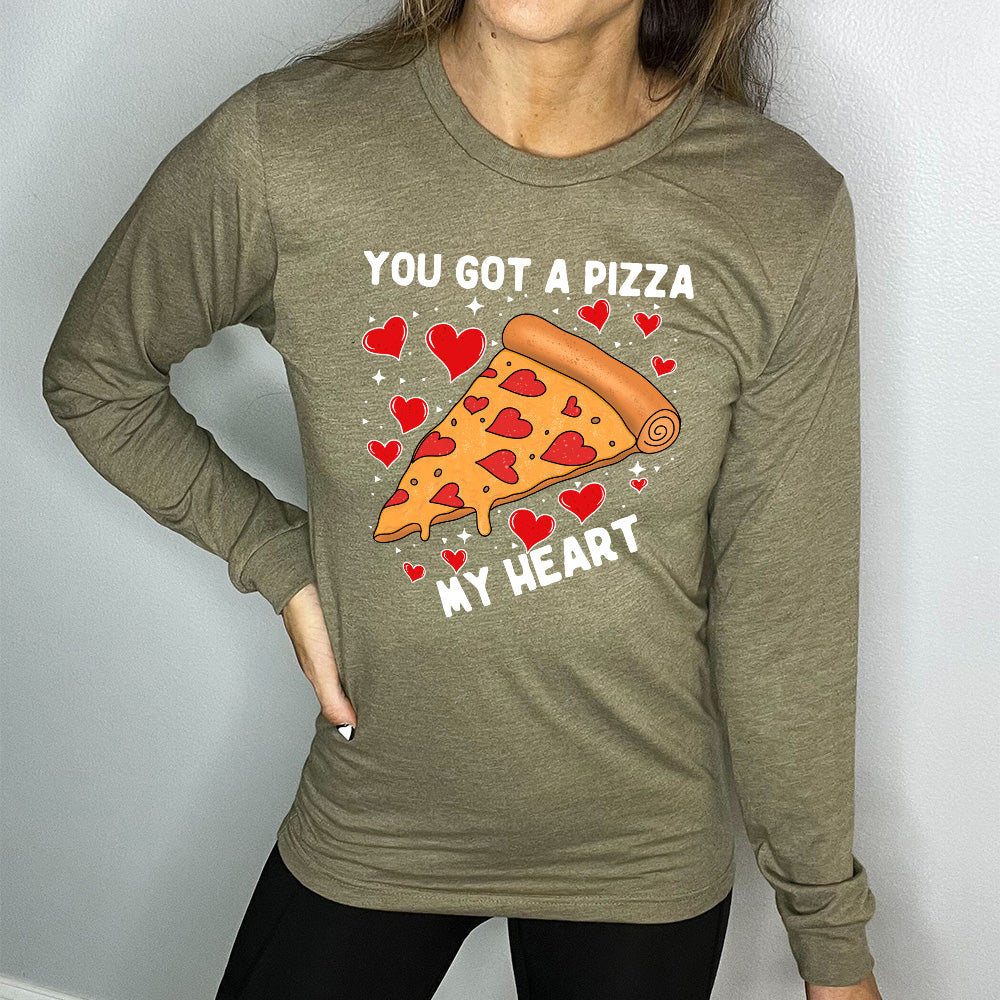 heather olive long sleeve shirt with the words "you got a pizza my heart" on it, with a big graphic of a pizza with pepperoni hearts, and hearts surrounding it as well with little stars
