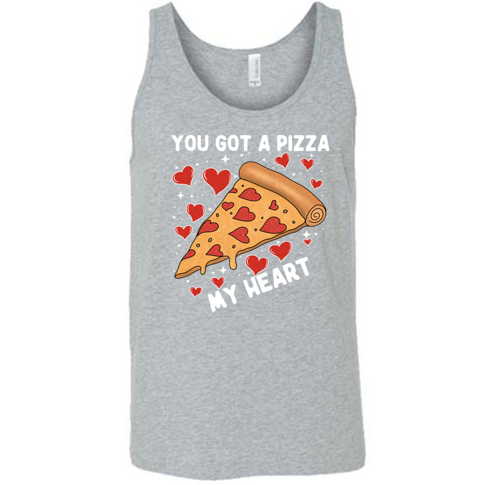 grey unisex tank with the words "you got a pizza my heart" on it, with a big graphic of a pizza with pepperoni hearts, and hearts surrounding it as well with little stars