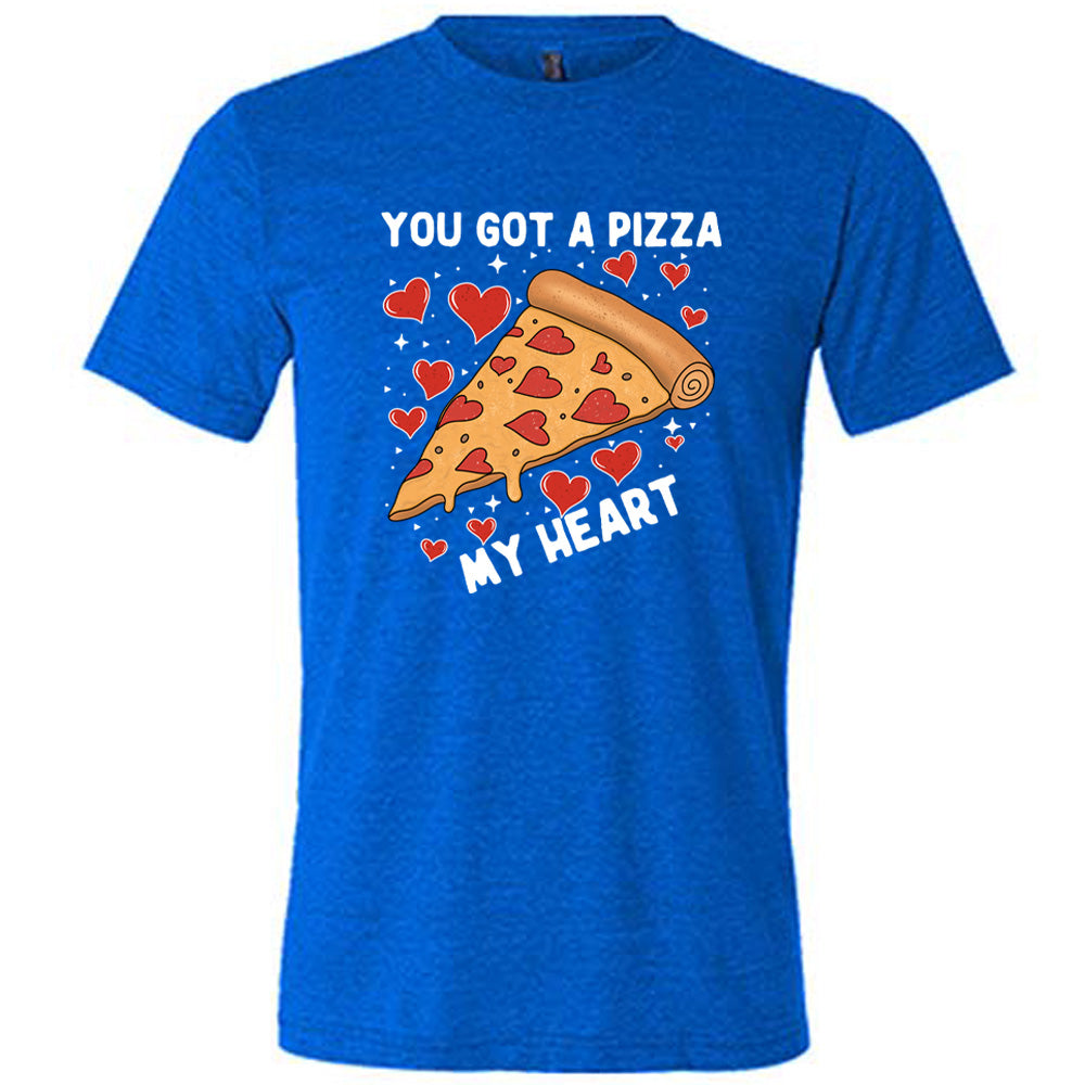 blue unisex tee with the words "you got a pizza my heart" on it, with a big graphic of a pizza with pepperoni hearts, and hearts surrounding it as well with little stars