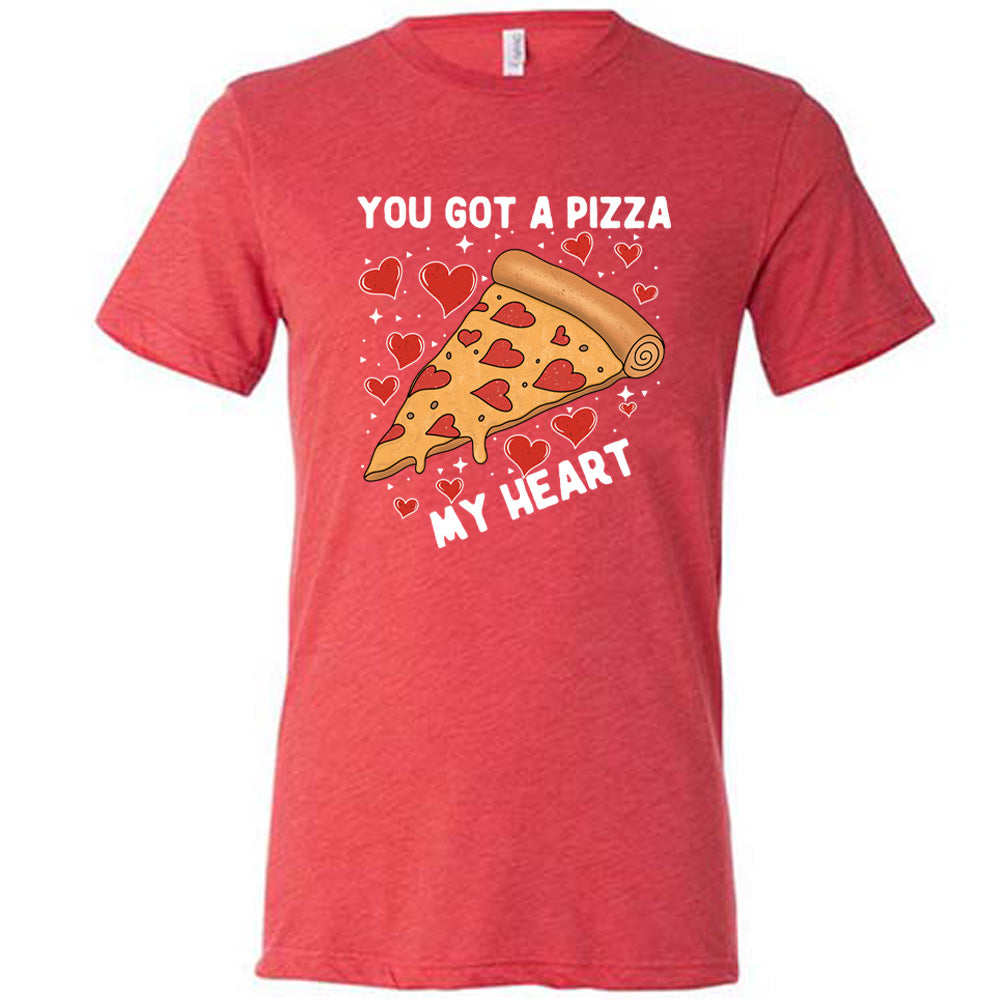 red unisex tee with the words "you got a pizza my heart" on it, with a big graphic of a pizza with pepperoni hearts, and hearts surrounding it as well with little stars
