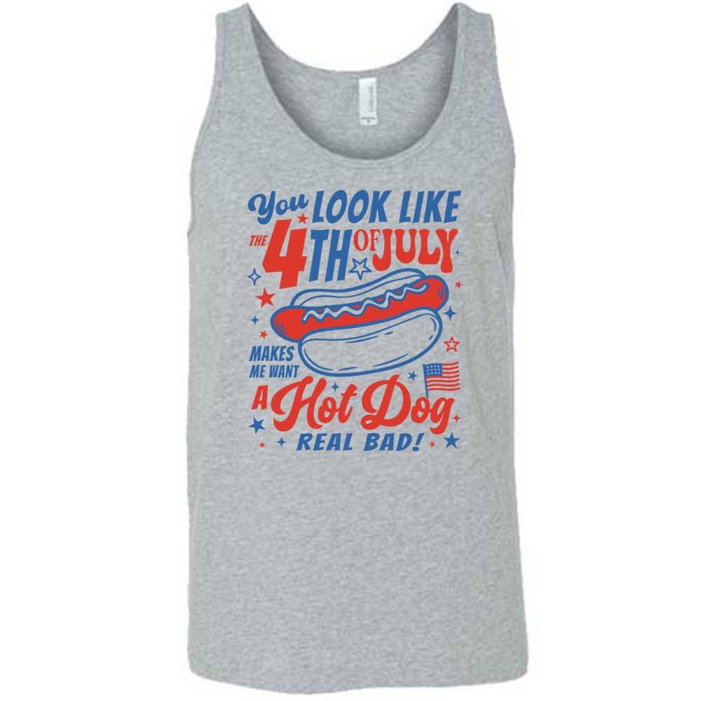 Grey colored tank with a hot dog graphic on it that says "You Look Like the 4th of July Makes Me Want A Hot Dog Real Bad" 