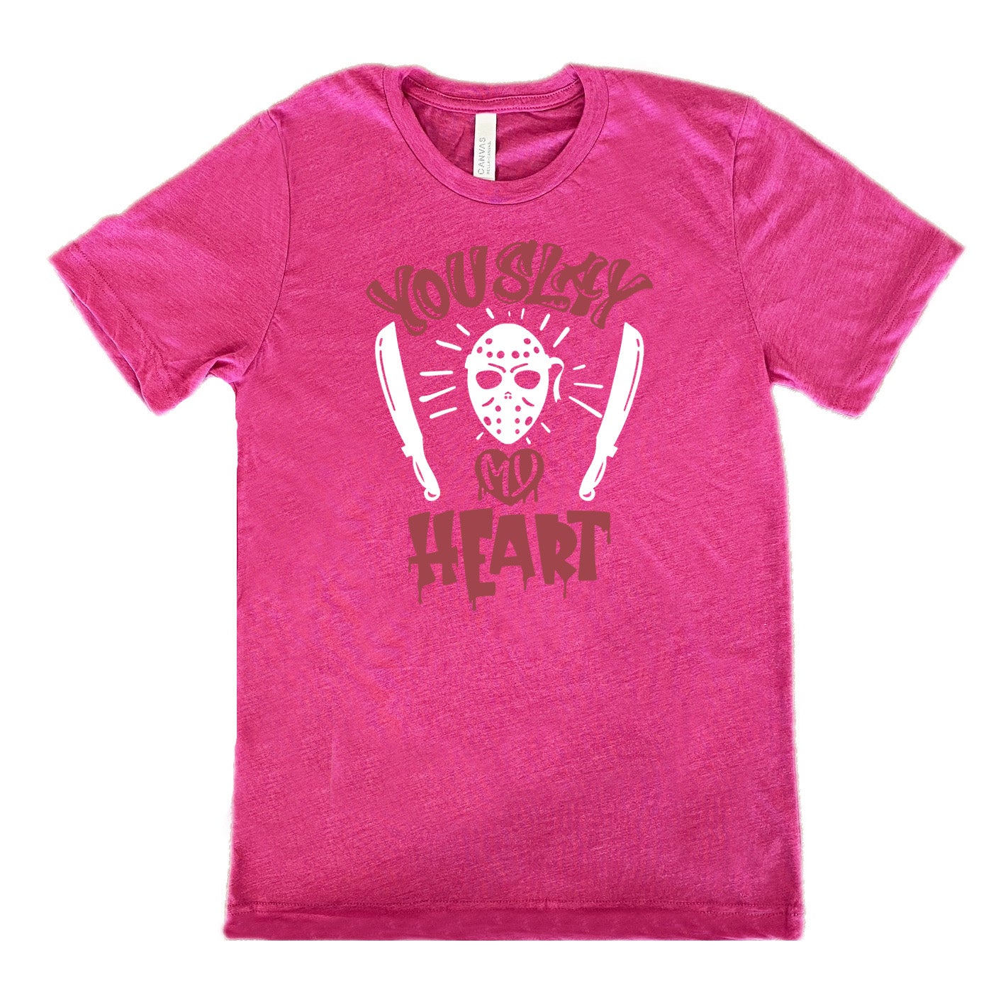 berry unisex tee with the words "you slay my heart" on it in horror movie style writing, with "my' being in a dripping heart, and graphics of the Jason mask from Friday the 13th and two machetes 