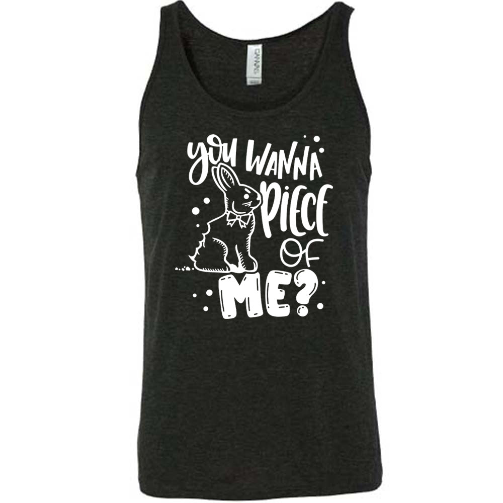 black unisex tank with the words "you wanna piece of me?" on it with the graphic of a bunny with a chomp taken out of its behind