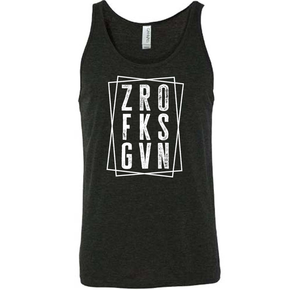 Black colored tank with a graphic on it that says "ZRO FKS GVN" 