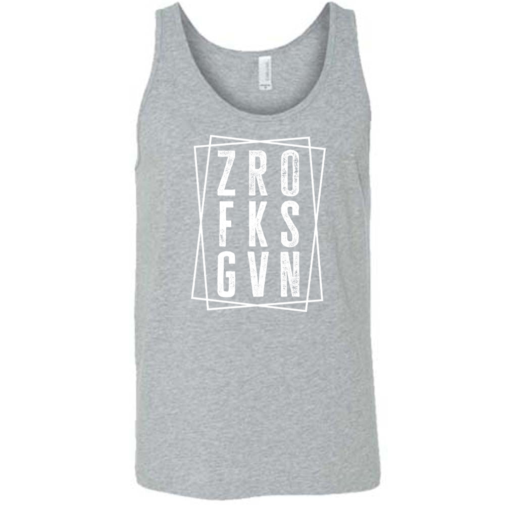Grey colored tank with a graphic on it that says "ZRO FKS GVN" 
