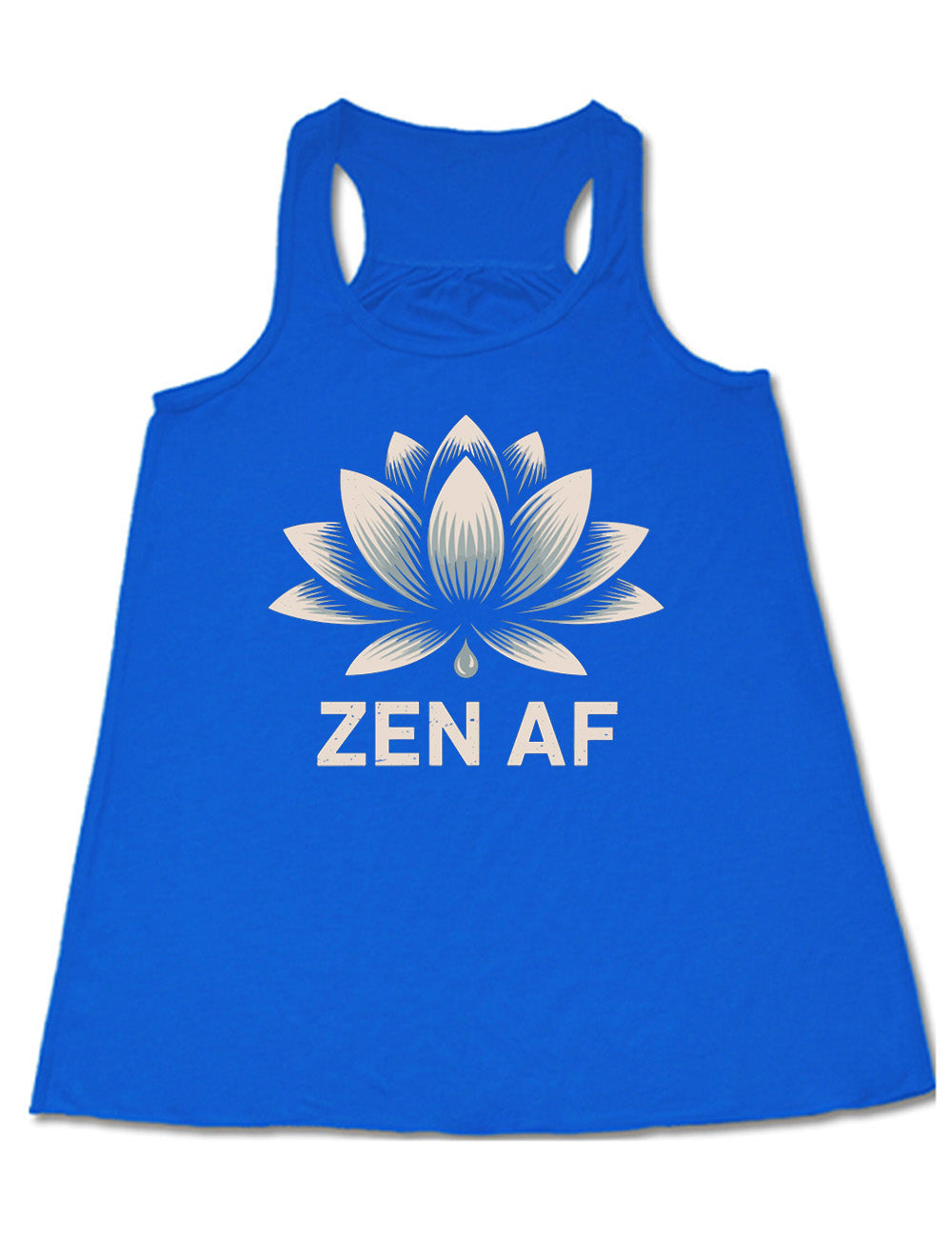blue flowy racerback tank with the graphic of a lotus and the words underneath saying "ZEN AF"