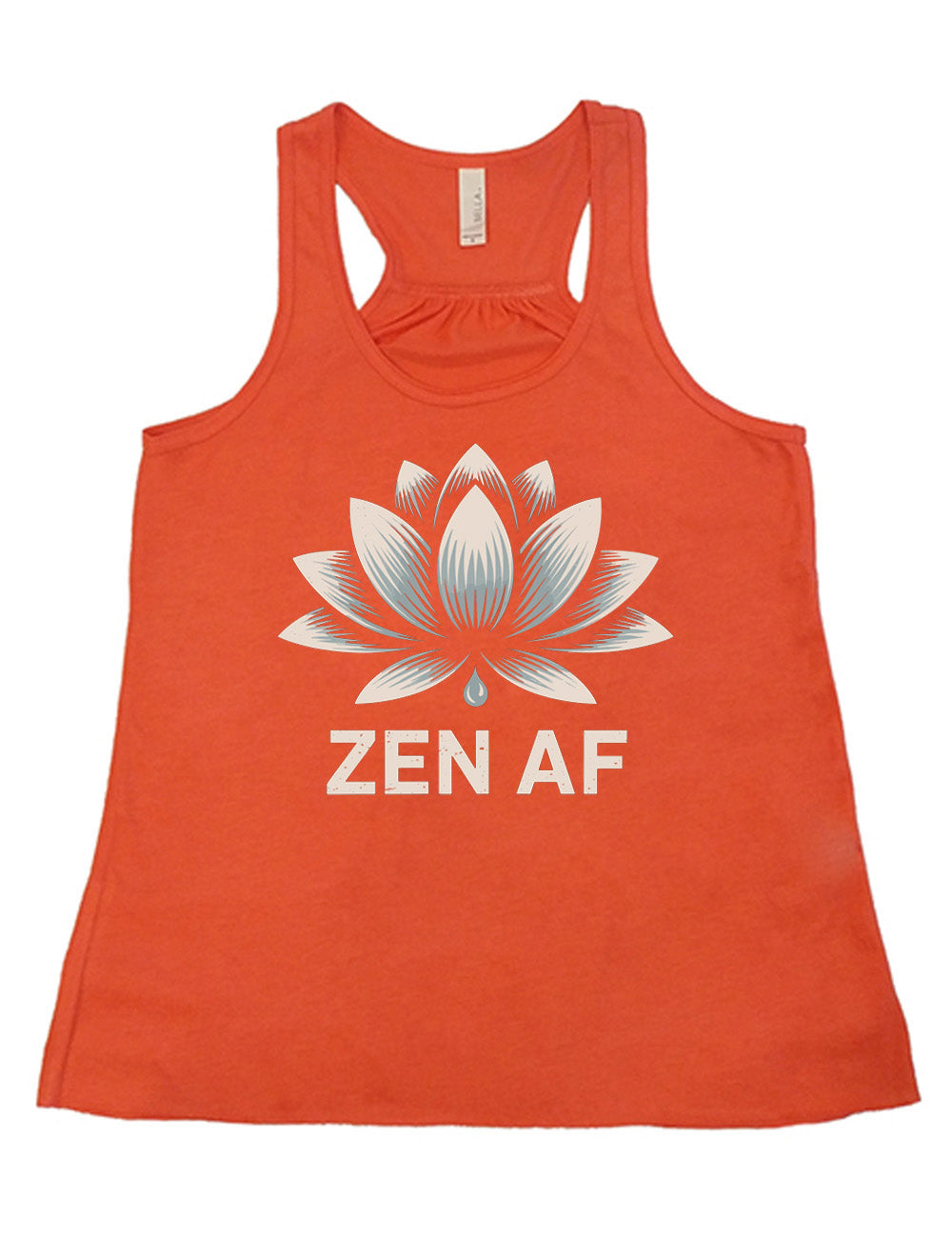 coral flowy racerback tank with the graphic of a lotus and the words underneath saying "ZEN AF"