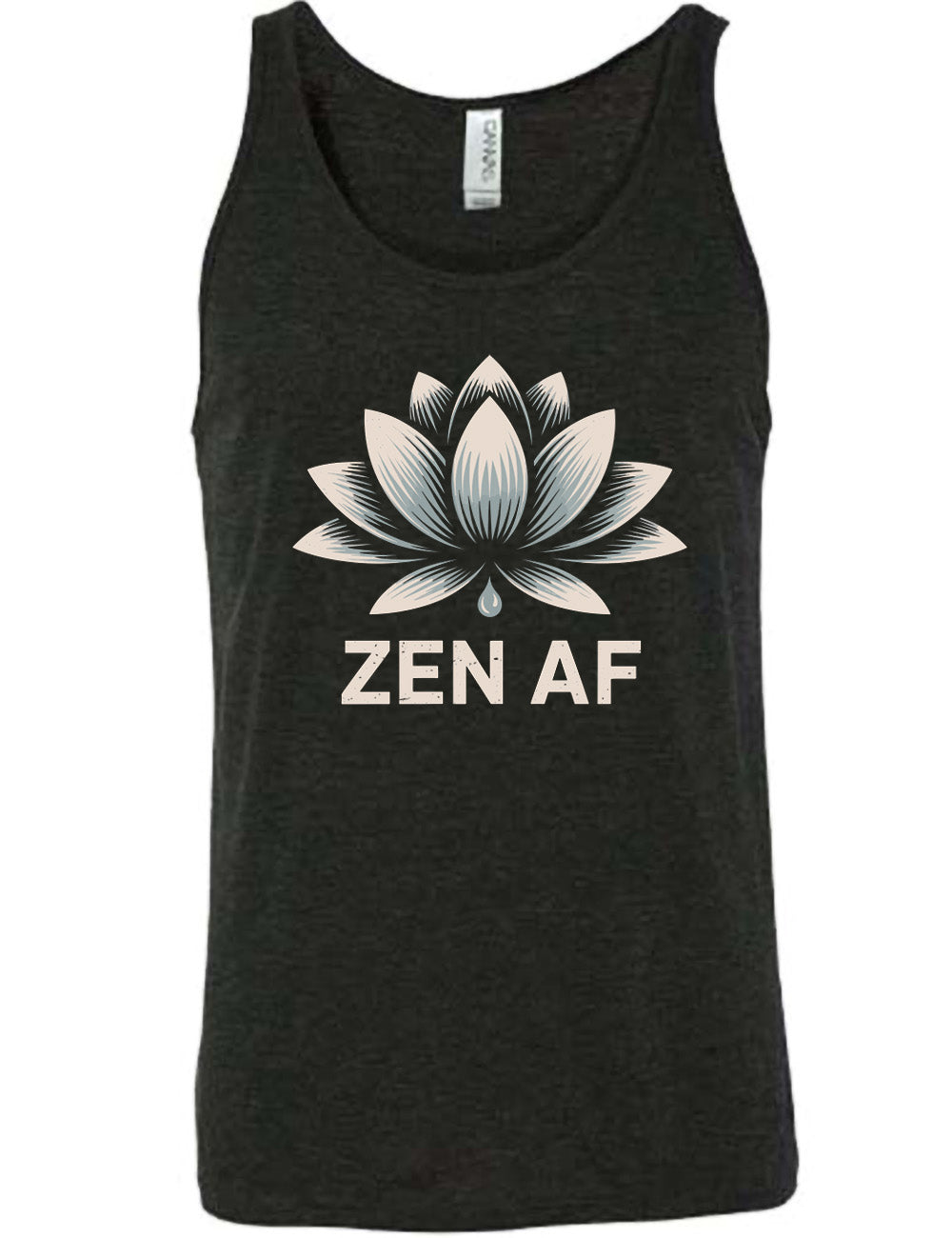 black unisex tank with the graphic of a lotus and the words underneath saying "ZEN AF"
