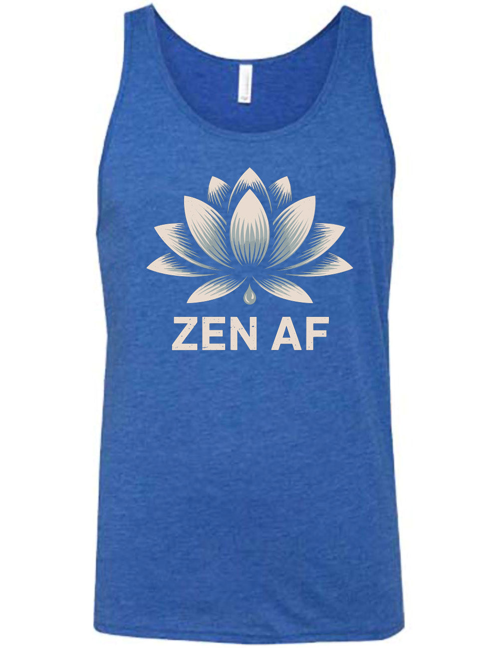 blue unisex tank with the graphic of a lotus and the words underneath saying "ZEN AF"