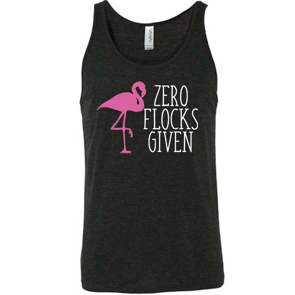 black unisex tank with the words "zero flocks given" on it, with the pink silhouette of a flamingo, leg raised, next to the words