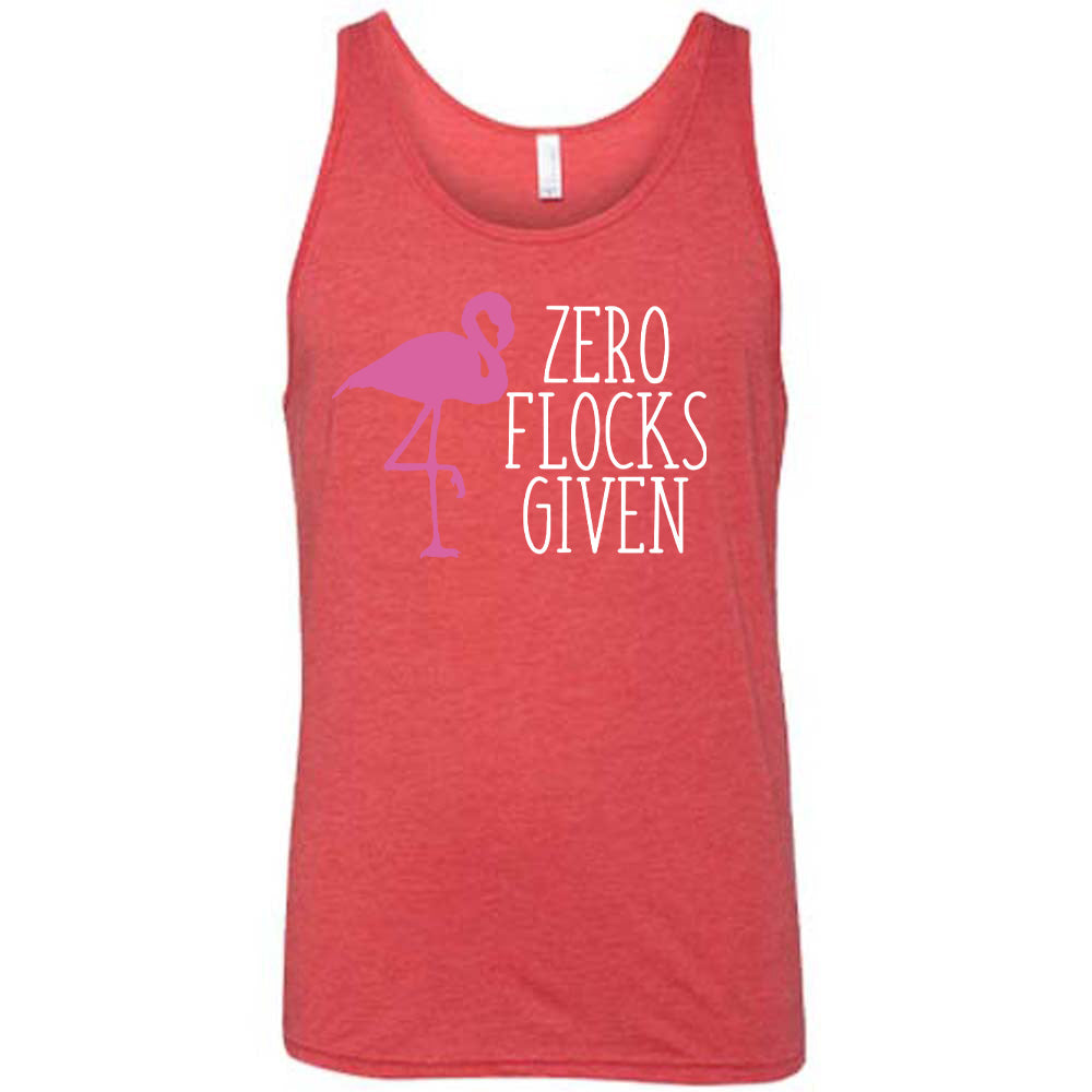 red unisex tank with the words "zero flocks given" on it, with the pink silhouette of a flamingo, leg raised, next to the words