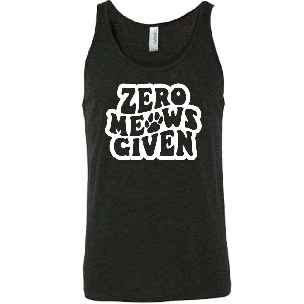 Black colored tank with paw print graphic on it that says "Zero Meows Given"