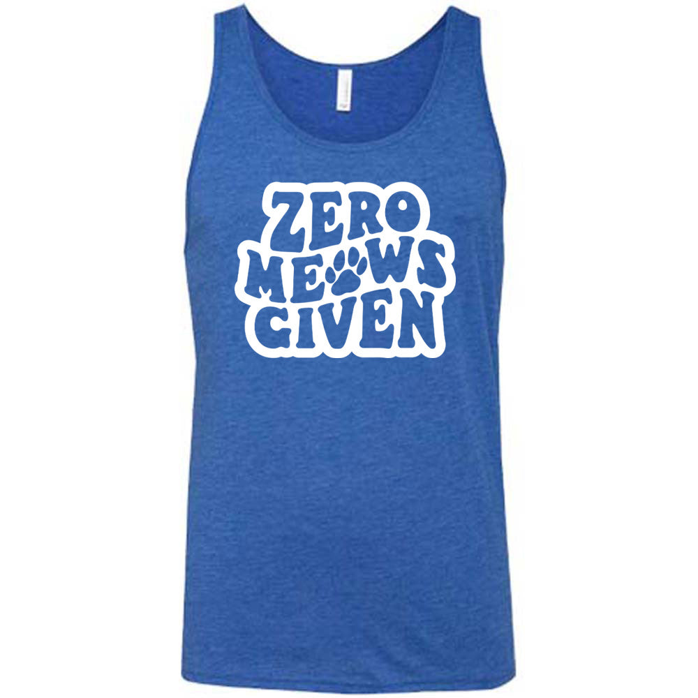 Blue colored tank with paw print graphic on it that says "Zero Meows Given"