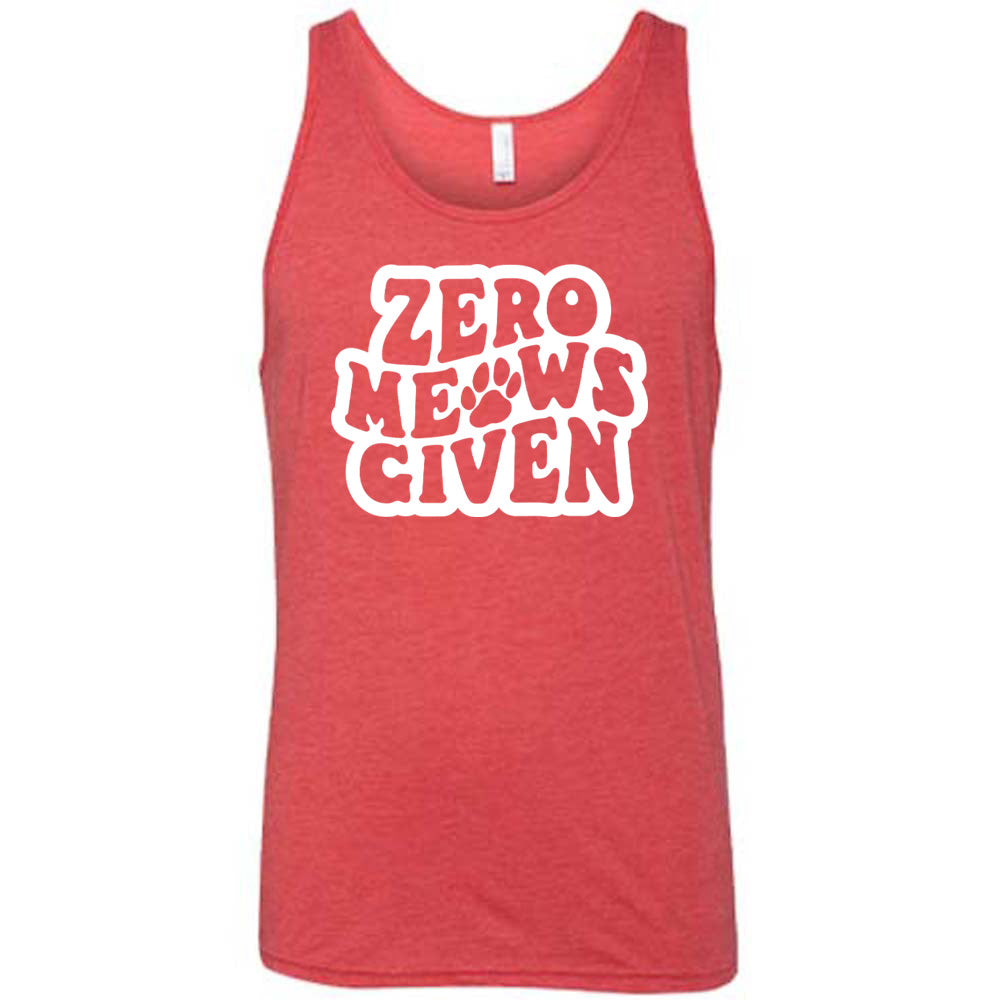 Red colored tank with paw print graphic on it that says "Zero Meows Given"